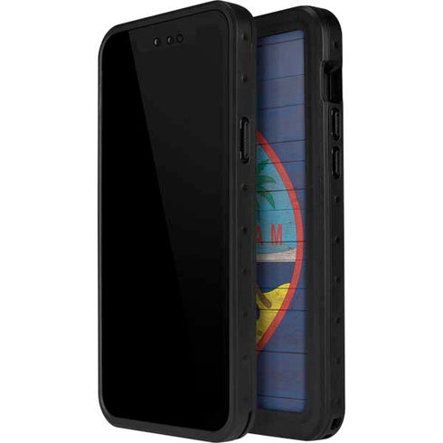 Guam Flag Dark Wood iPhone 14 Pro Waterproof Case